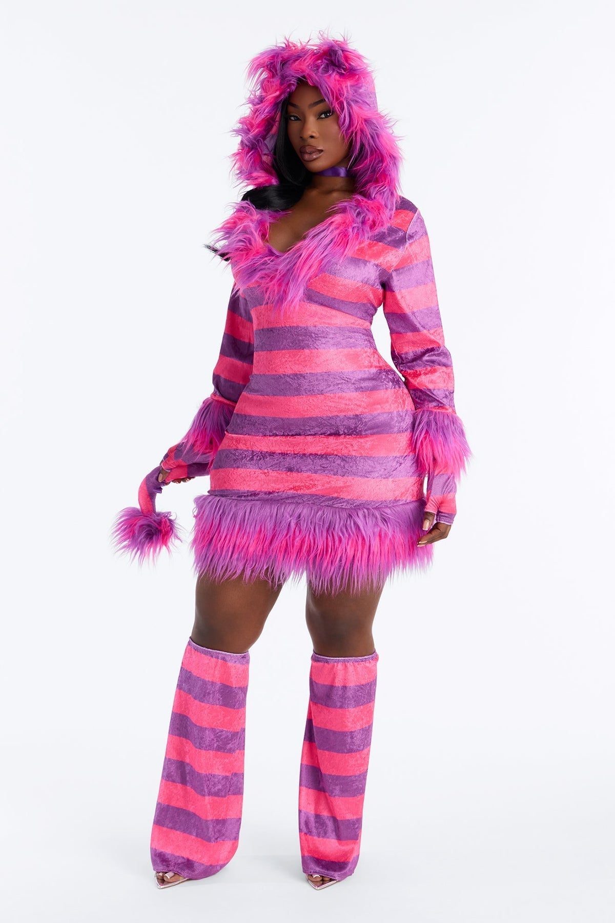 Feline Fantasy Faux Fur 4-Piece Costume Set with Hood, Gloves & Leg Warmers for Women | Thomler