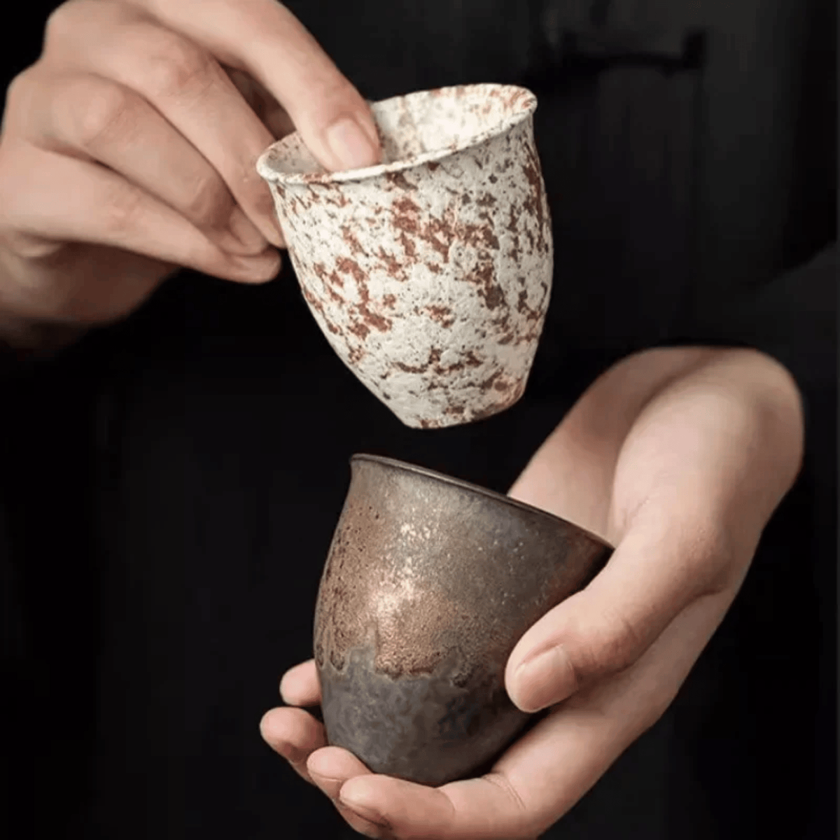 Handcrafted Stoneware Espresso Cups – 6-Piece Set with Natural Textures & Metallic Accents for Coffee, Tea & Sake | Thomler