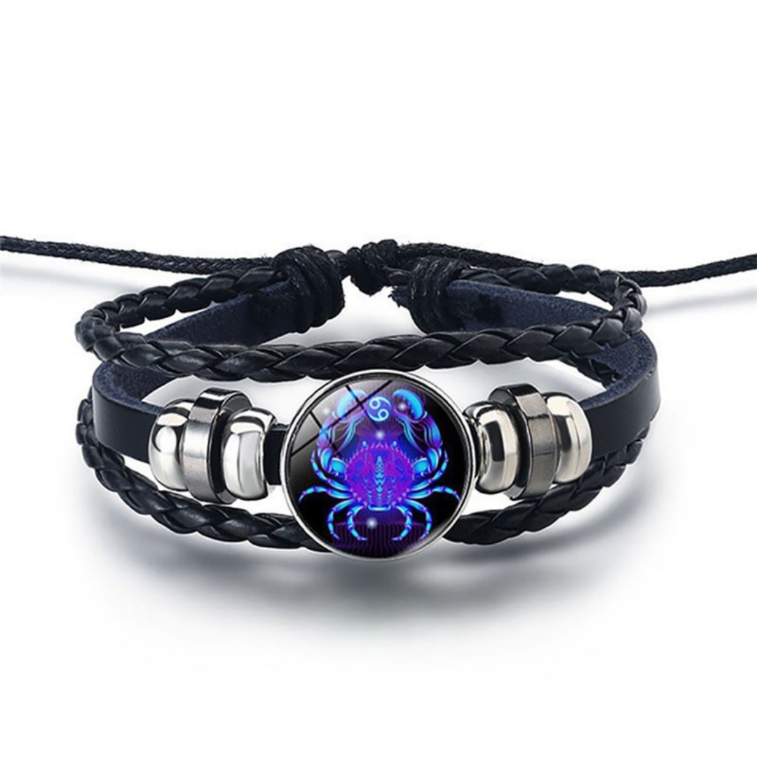 Adjustable Leather Zodiac Bracelet with Blue Stone Charm for Men & Women | Classic Wrist Cuff with Astrology Symbol | Handcrafted Steel & | Thomler