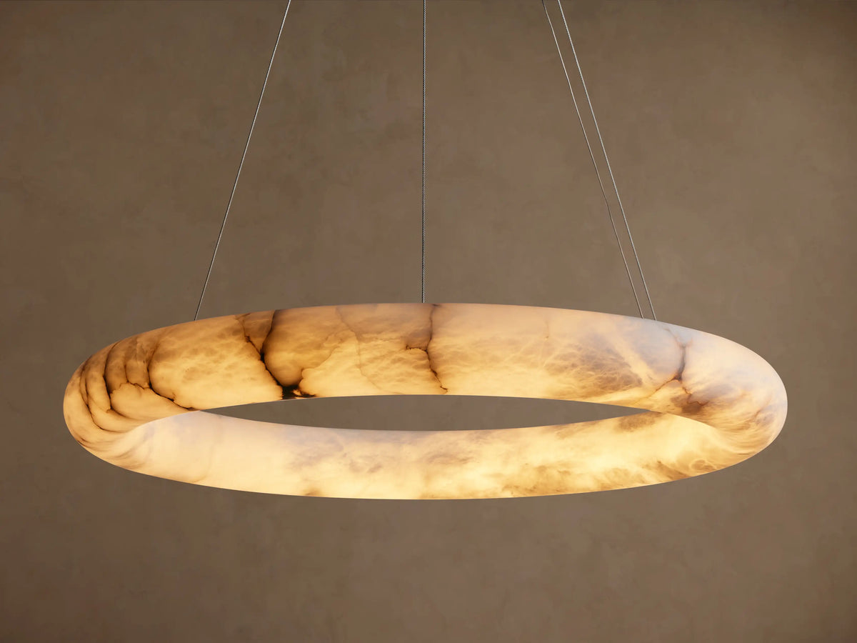 Round Alabaster LED Chandelier with Steel Cables for Dining Room, 36 or 48 Inch | Thomler
