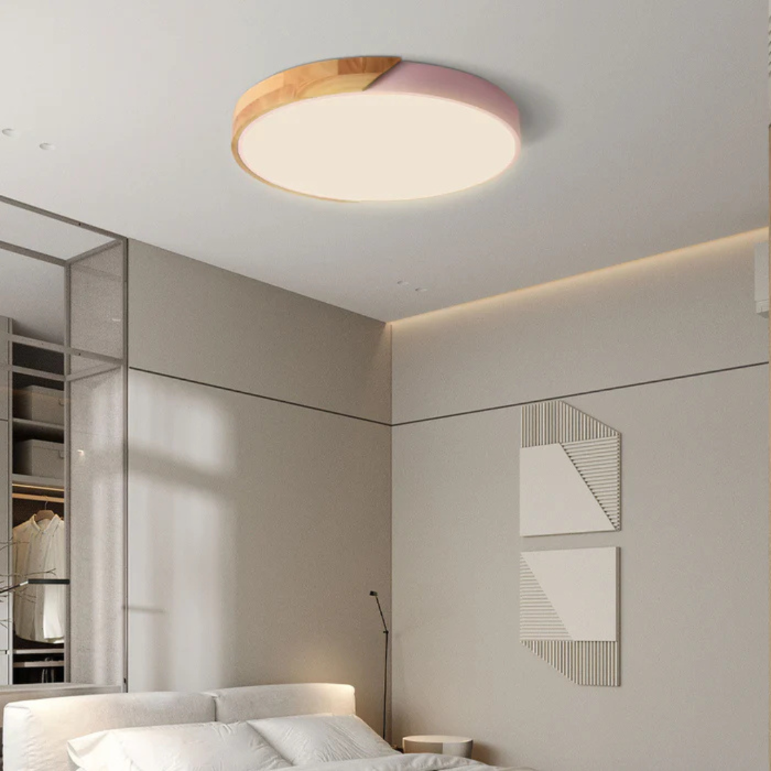 Round Wood Ceiling Light Fixture | Modern Scandinavian LED Flush Mount for Bedroom Living Room Kitchen | Thomler