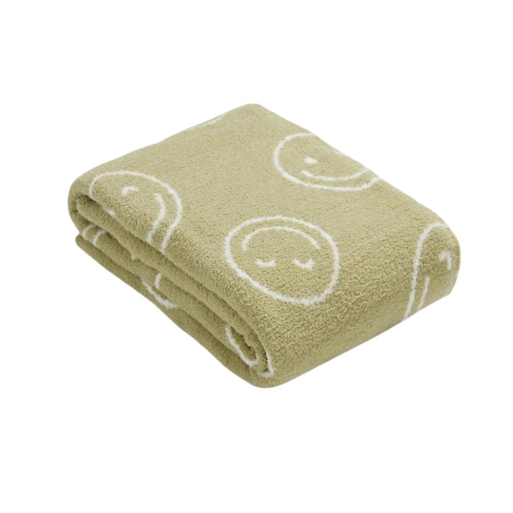Cheerful Emoji Throw Blanket – Soft Knit Accent for Couch or Bed – Yellow Happy Face Design | Thomler