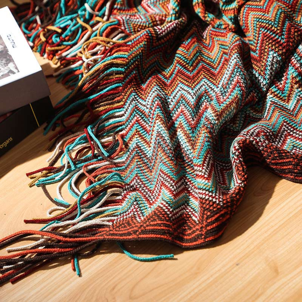 Chevron Knit Throw Blanket with Fringe Trim – Lightweight Acrylic for Year-Round Comfort | Thomler
