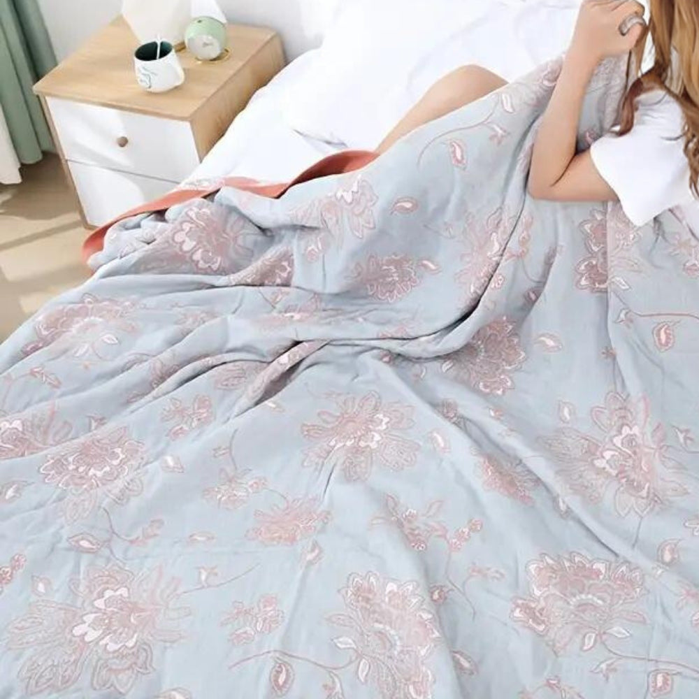 Lightweight Cotton Gauze Throw Blanket with Floral Design for Year-Round Comfort, Breathable Bedding for Bedroom, Sofa, or Guest Room | Thomler