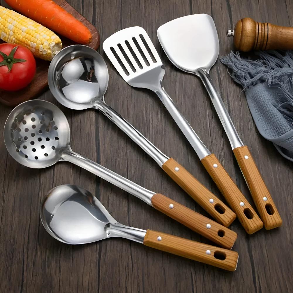 Kitchen Utensil Set Stainless Steel Wooden Handle 5 Piece Everyday Cooking Serving Tools Non Stick Safe Kitchen Accessories | Thomler