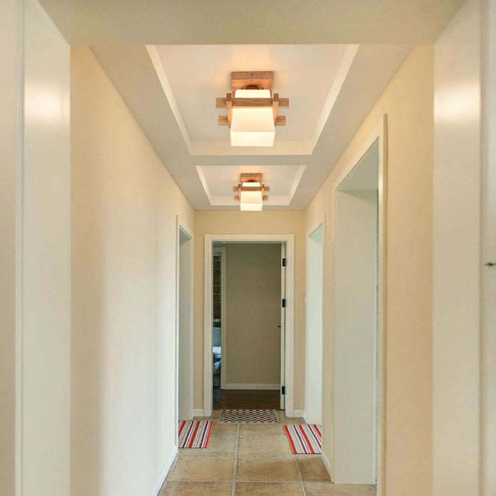 Ceiling Light Wood E27 20.0 cm White Japandi Hallway Bedroom Living Room Square Flush Mount Lamp | Thomler