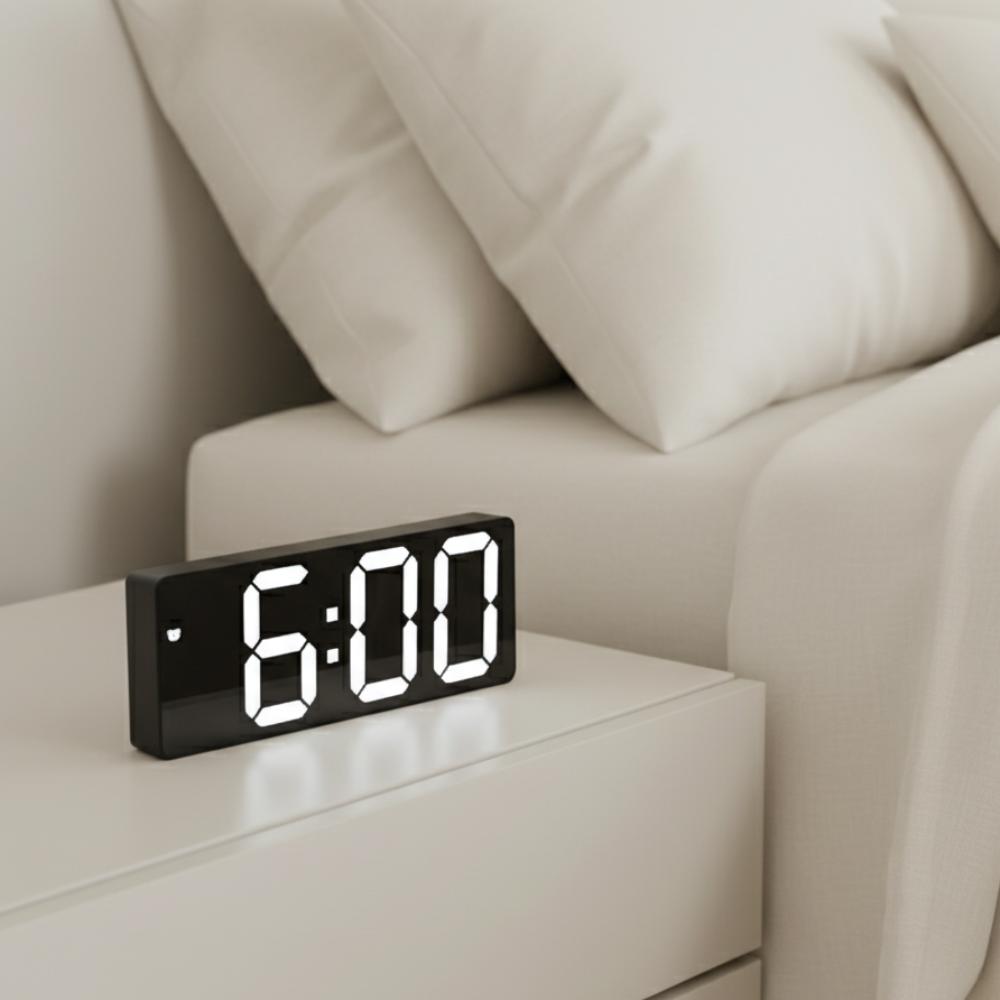 Mirrored LED Bedside Clock – Time, Temp & Alarm Display | Thomler