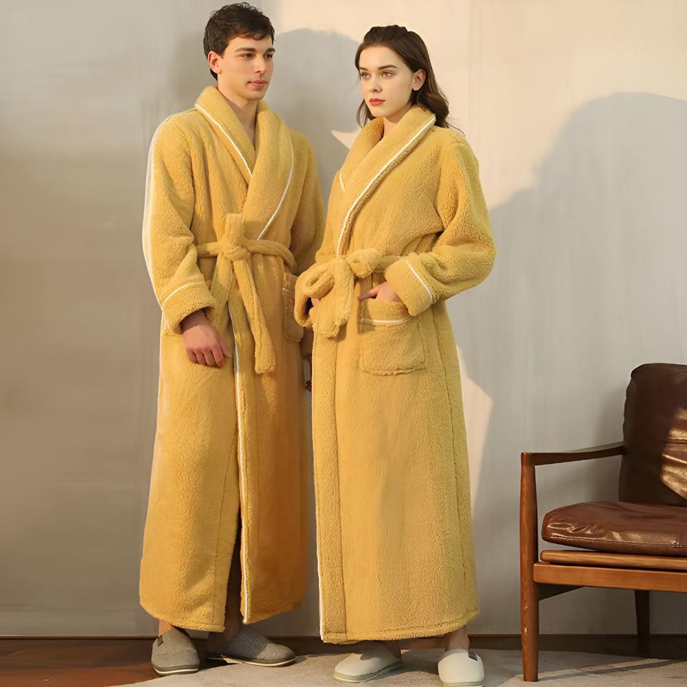 Plush Coral Fleece Bathrobe with Shawl Collar & Pockets – Unisex Lounge Robe for Year-Round Wear | Thomler