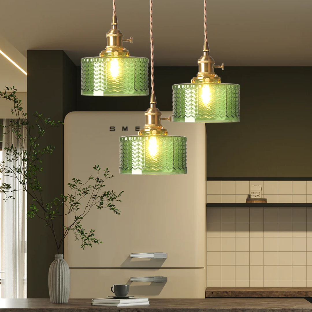 Pendant Light Ribbed Glass E27 Green Adjustable 150.0 cm Dining Room Kitchen Island Hanging Ceiling Lamp | Thomler