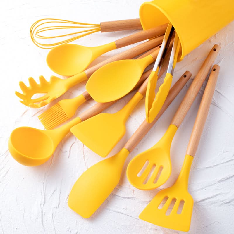 12-Piece Silicone Kitchen Utensil Set with Wooden Handles – Heat Resistant to 446°F, Dishwasher Safe, BPA-Free Cooking Tools | Thomler