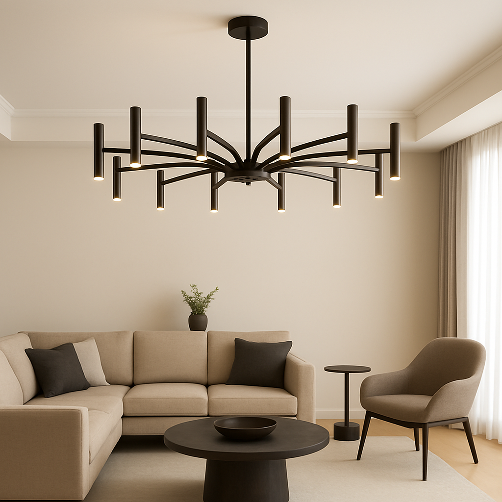 12-Light LED Chandelier Modern Metal Fixture for Dining Room Living Room Bedroom Black Hardwired Ceiling Light Contemporary Style | Thomler