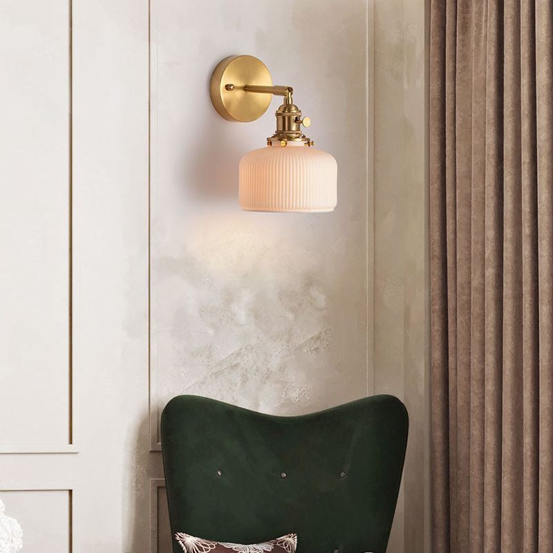 Ceramic Wall Sconce with Geometric Metal Mount – White Hardwired Fixture for Bedroom, Hallway & Bath | Thomler