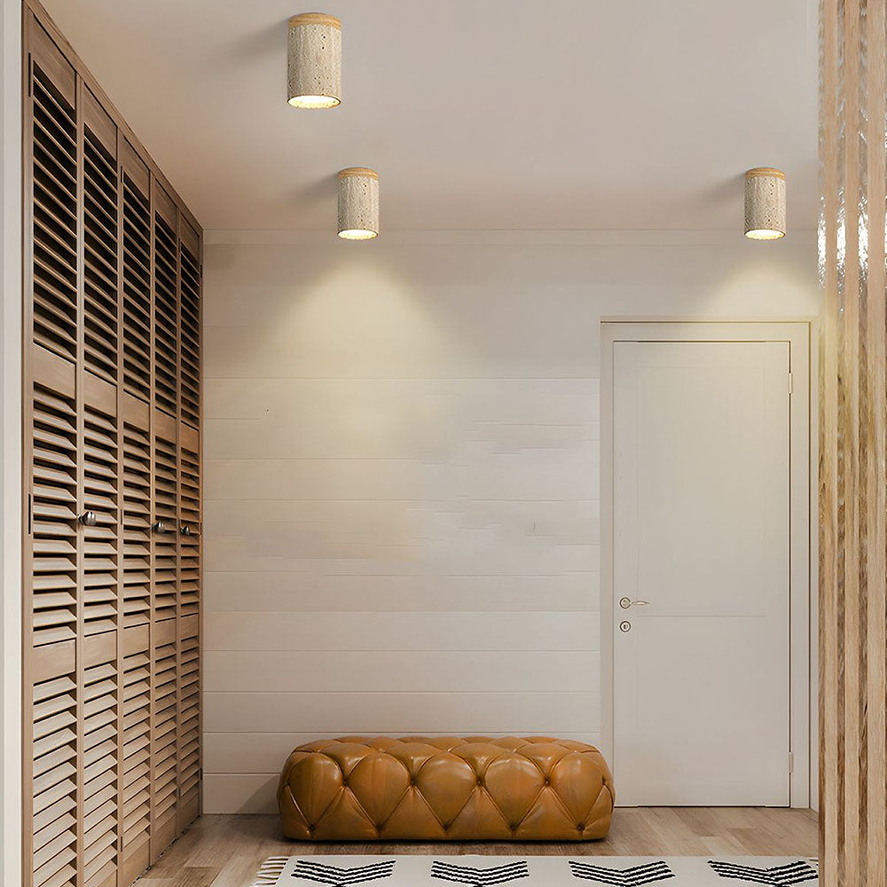 Ceiling Lamp Travertine Stone Solid Wood 25.0 cm Beige Hallway Bedroom Living Room Soft Ambient Lighting | Thomler