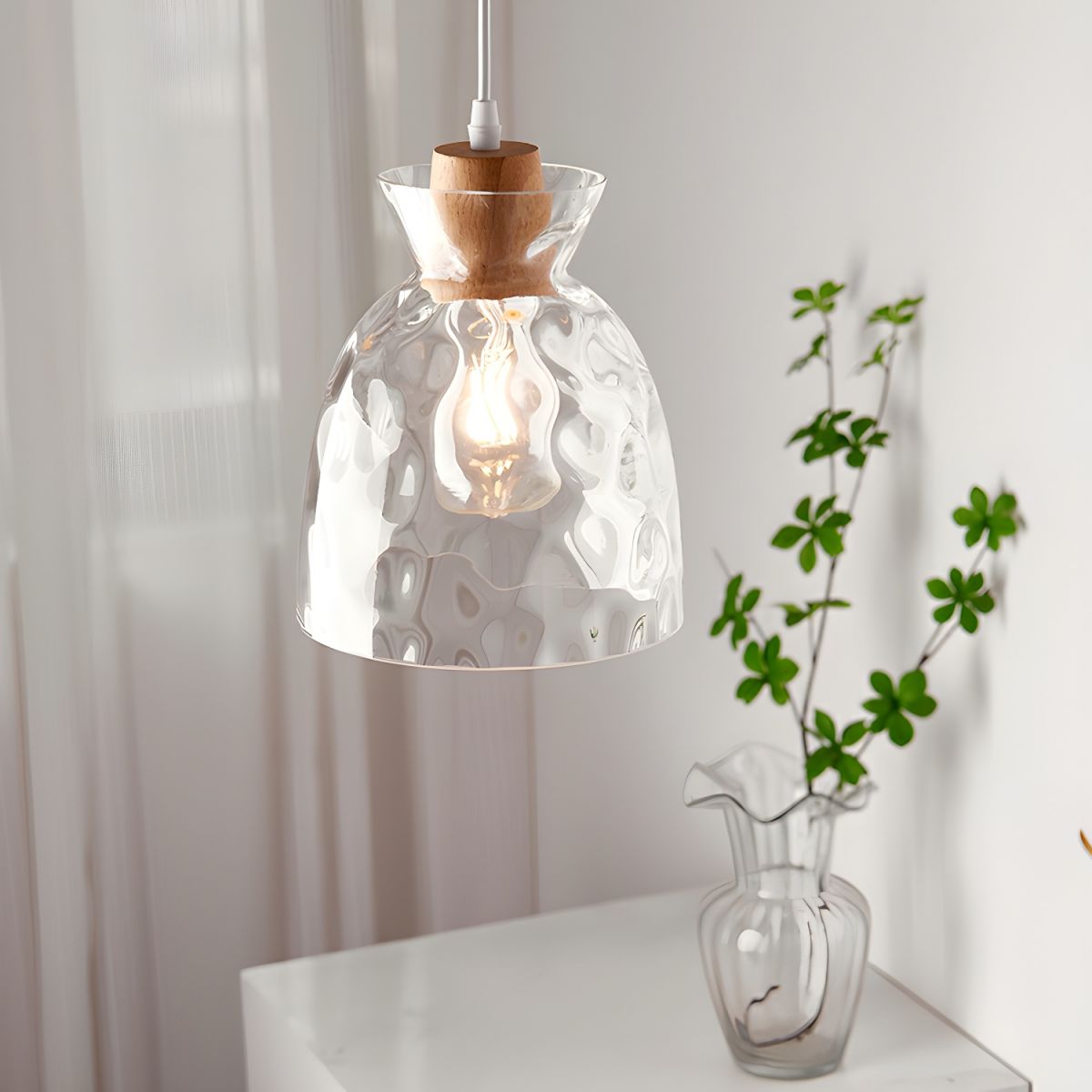 Pendant Light Glass Wood 10.6 in Adjustable Dining Room Kitchen Island Hanging Ceiling Lamp Scandinavian Minimalist Clear Shade | Thomler