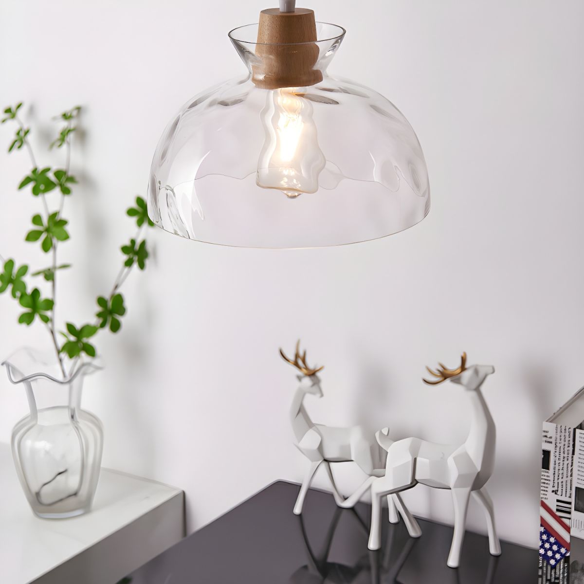 Pendant Light Glass Wood 10.6 in Adjustable Dining Room Kitchen Island Hanging Ceiling Lamp Scandinavian Minimalist Clear Shade | Thomler