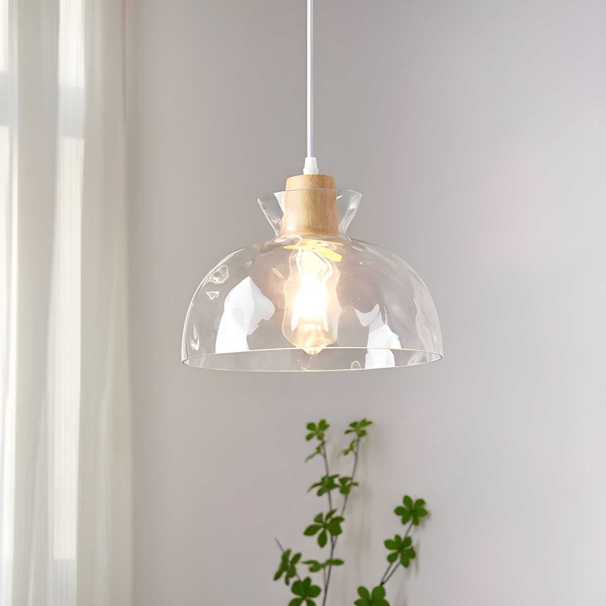 Pendant Light Glass Wood 10.6 in Adjustable Dining Room Kitchen Island Hanging Ceiling Lamp Scandinavian Minimalist Clear Shade | Thomler