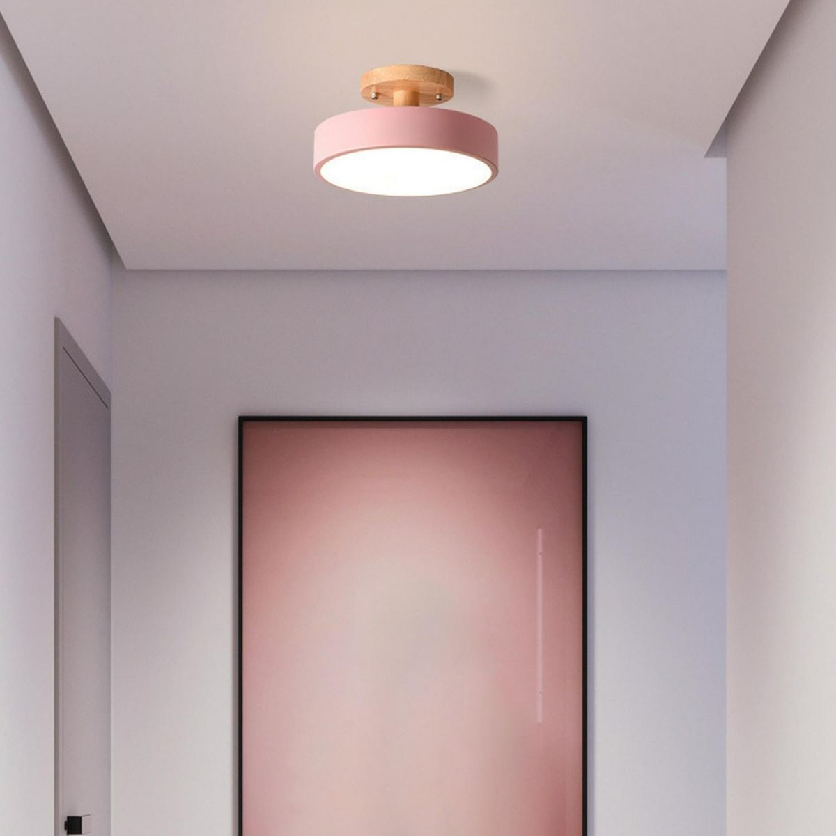 Wooden Ceiling Light with Soft Pastel Shade – Compact Flush Mount LED for Bedroom, Entryway & Small Living Space | Thomler