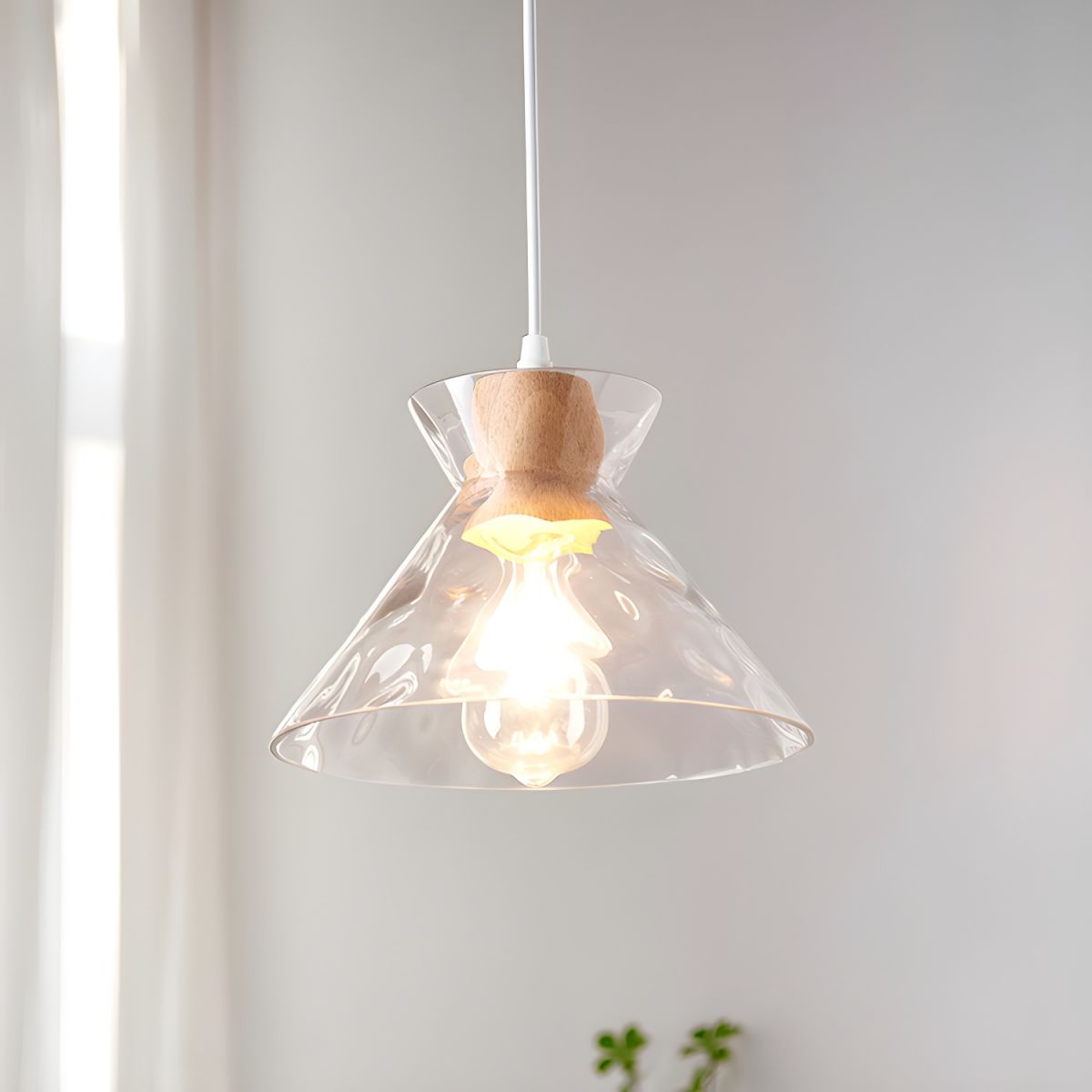 Pendant Light Glass Wood 10.6 in Adjustable Dining Room Kitchen Island Hanging Ceiling Lamp Scandinavian Minimalist Clear Shade | Thomler