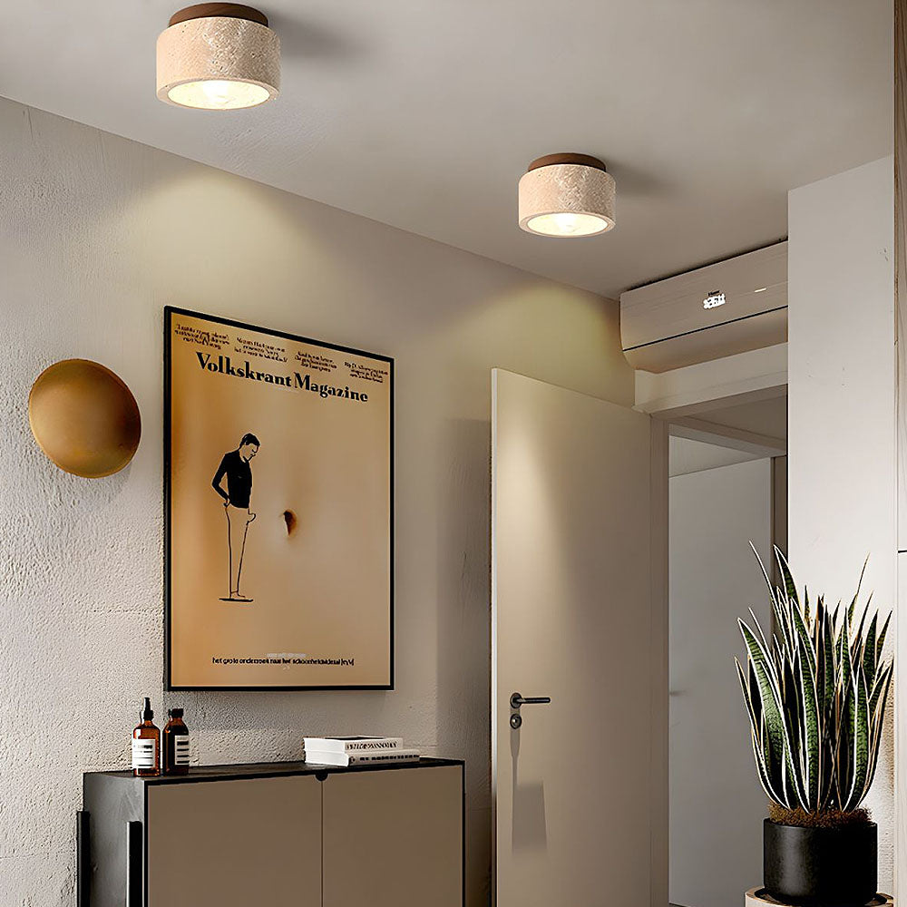 Ceiling Lamp Travertine Stone Solid Wood 25.0 cm Beige Hallway Bedroom Living Room Soft Ambient Lighting | Thomler