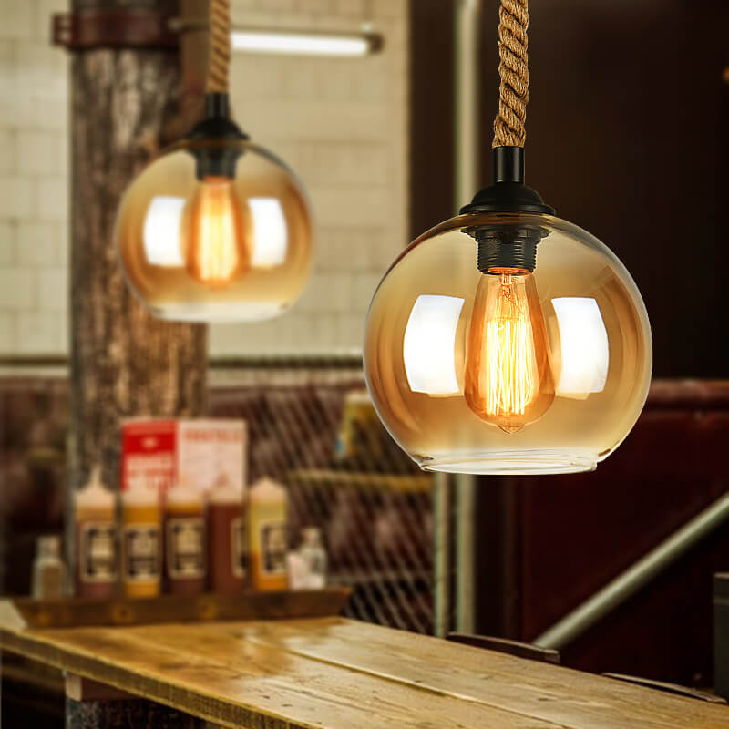 Spherical Glass Shade Ceiling Fixture with Rope Suspension – Rustic Farmhouse Lighting for Kitchens, Dining Rooms & Entryways | Thomler