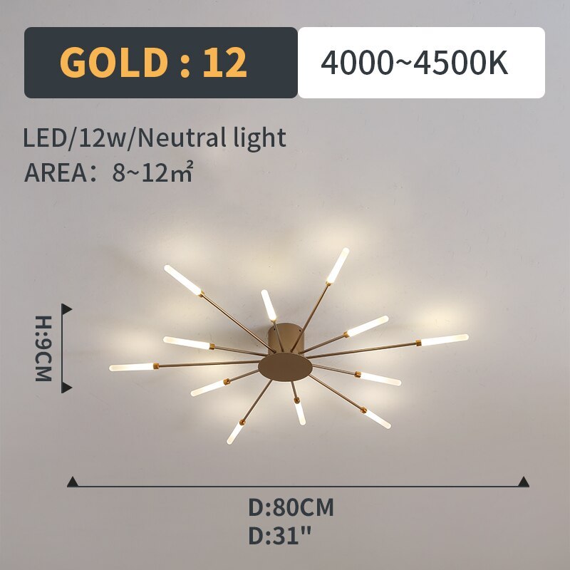 Starburst Flush Mount Ceiling Light Black Gold Modern Firework LED Fixture Bedroom Living Room Natural White Hardwired Indoor | Thomler