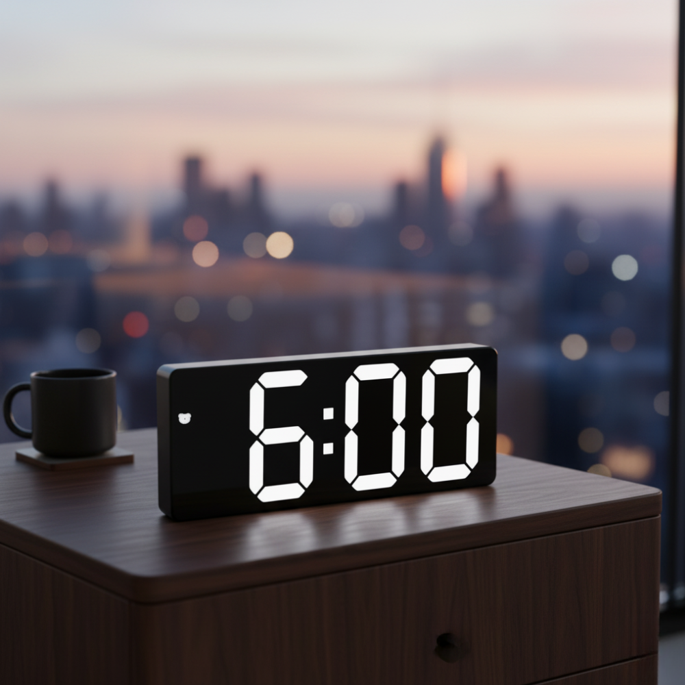 Mirrored LED Bedside Clock – Time, Temp & Alarm Display | Thomler
