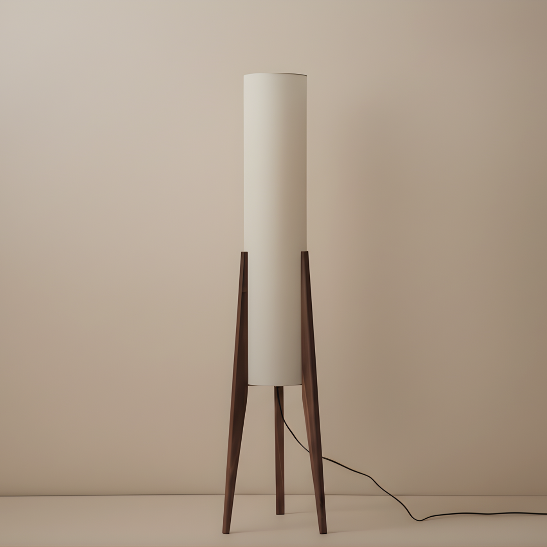 Sculptural Wood Floor Lamp with Brass Accents & Fabric Shade for Living Room, Bedroom & Office | Thomler