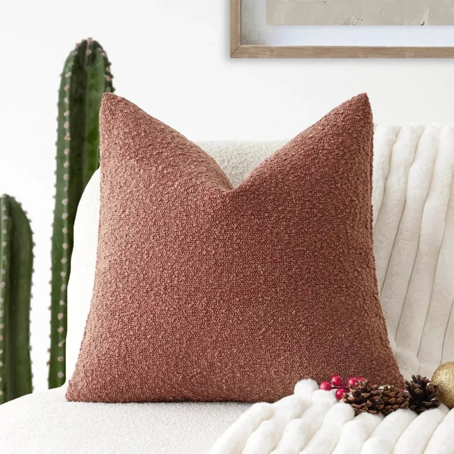 Cushion Cover Bouclé Fabric 45.0 cm x 45.0 cm Neutral Sofa Bed Decorative Throw Pillow Case Minimalist Living Room Accent | Thomler