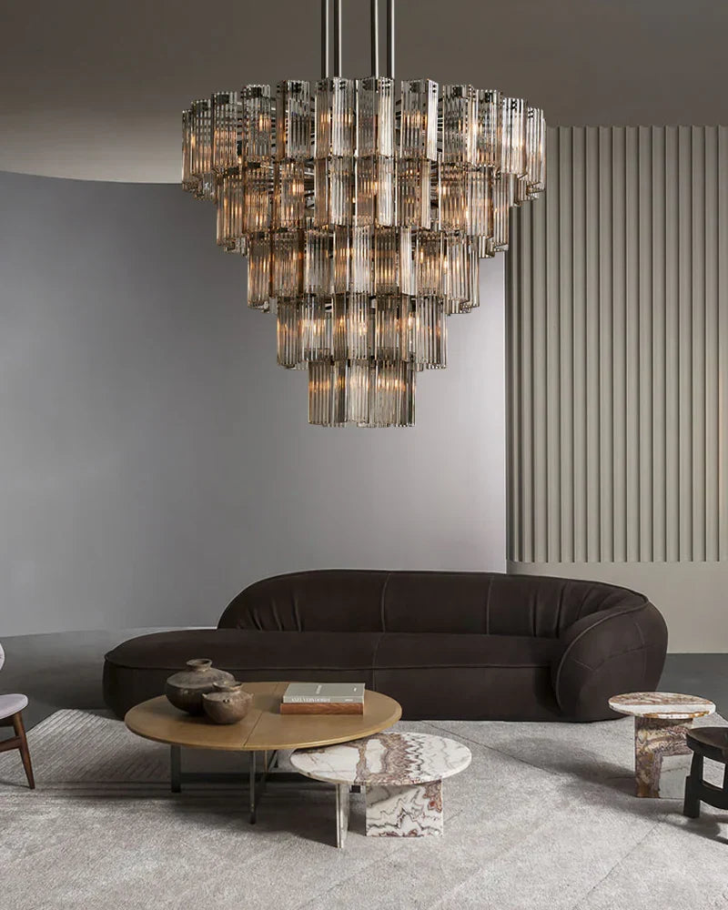 Circular Glass Panel Statement Chandelier 38-60 Inch Multi-Light Fixture for Dining Room Foyer High Ceiling Steel Frame Hanging Light | Thomler