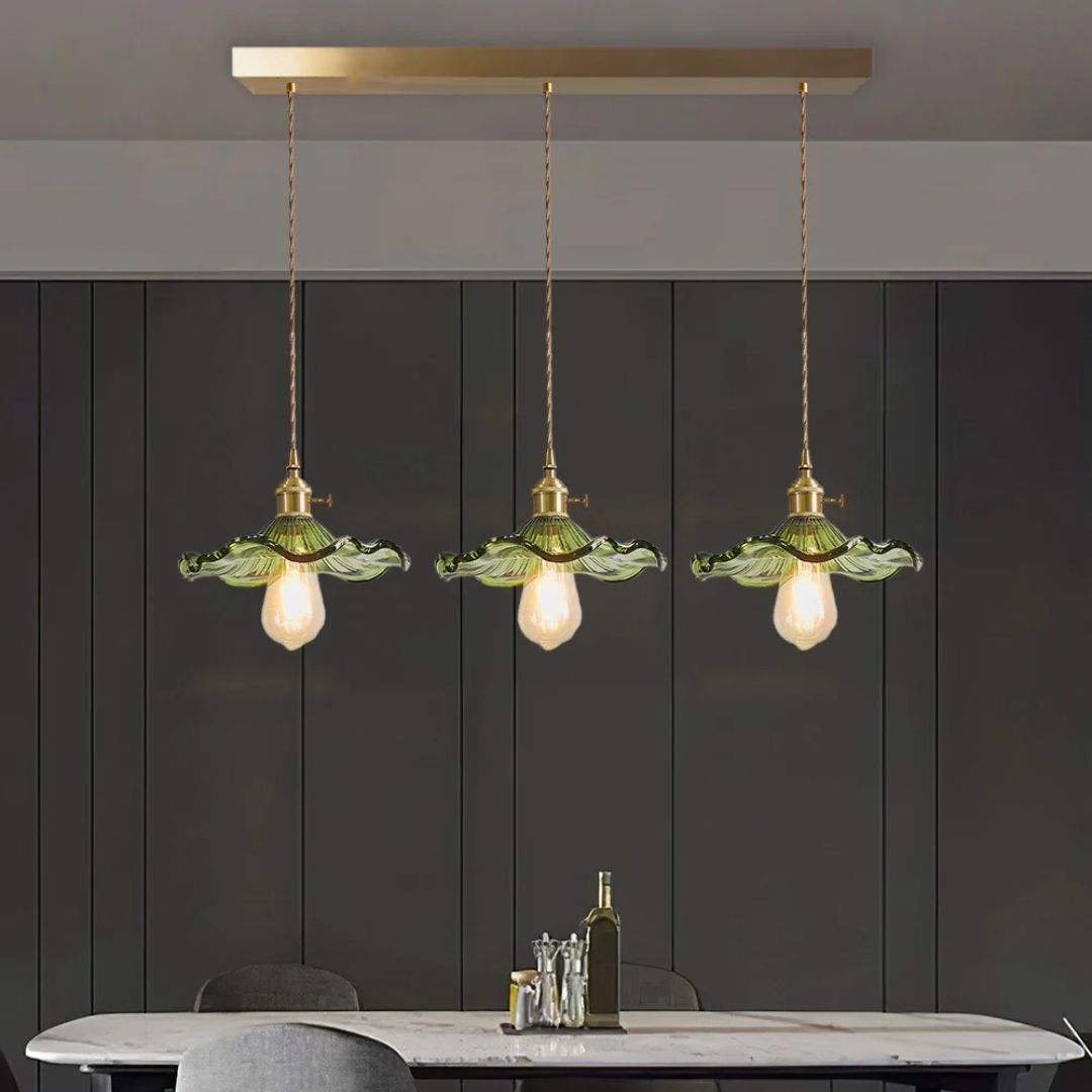 Pendant Light Glass Brass Flower Shade 23.0 cm Green Dining Room Bedroom Hanging Ceiling Lamp Retro Vintage Decorative | Thomler