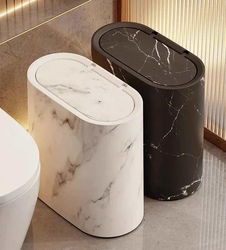 Push-Top Waste Basket with Marble-Look Finish – Slim Oval Design for Small Bathrooms, Bedrooms & Home Offices | Thomler