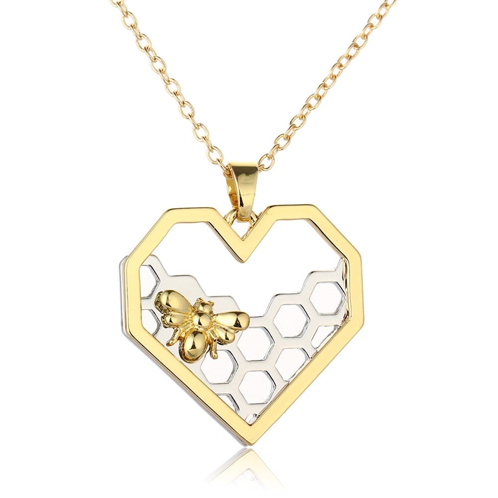 Heart Pendant Necklace with Bee & Honeycomb Design – Gold-Tone Chain Jewelry for Women & Girls | Thomler