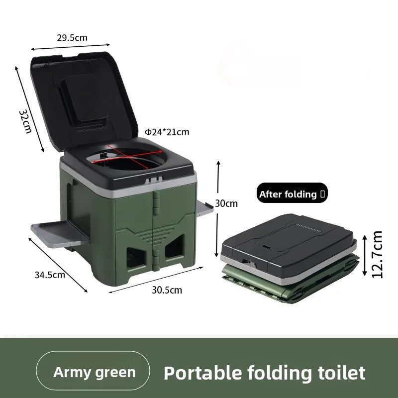 Collapsible Camp Toilet with Built-In Bag Dispenser – Portable Folding Seat for Camping, RV, Boat & Emergency Use – Adjustable Stabilizer | Thomler