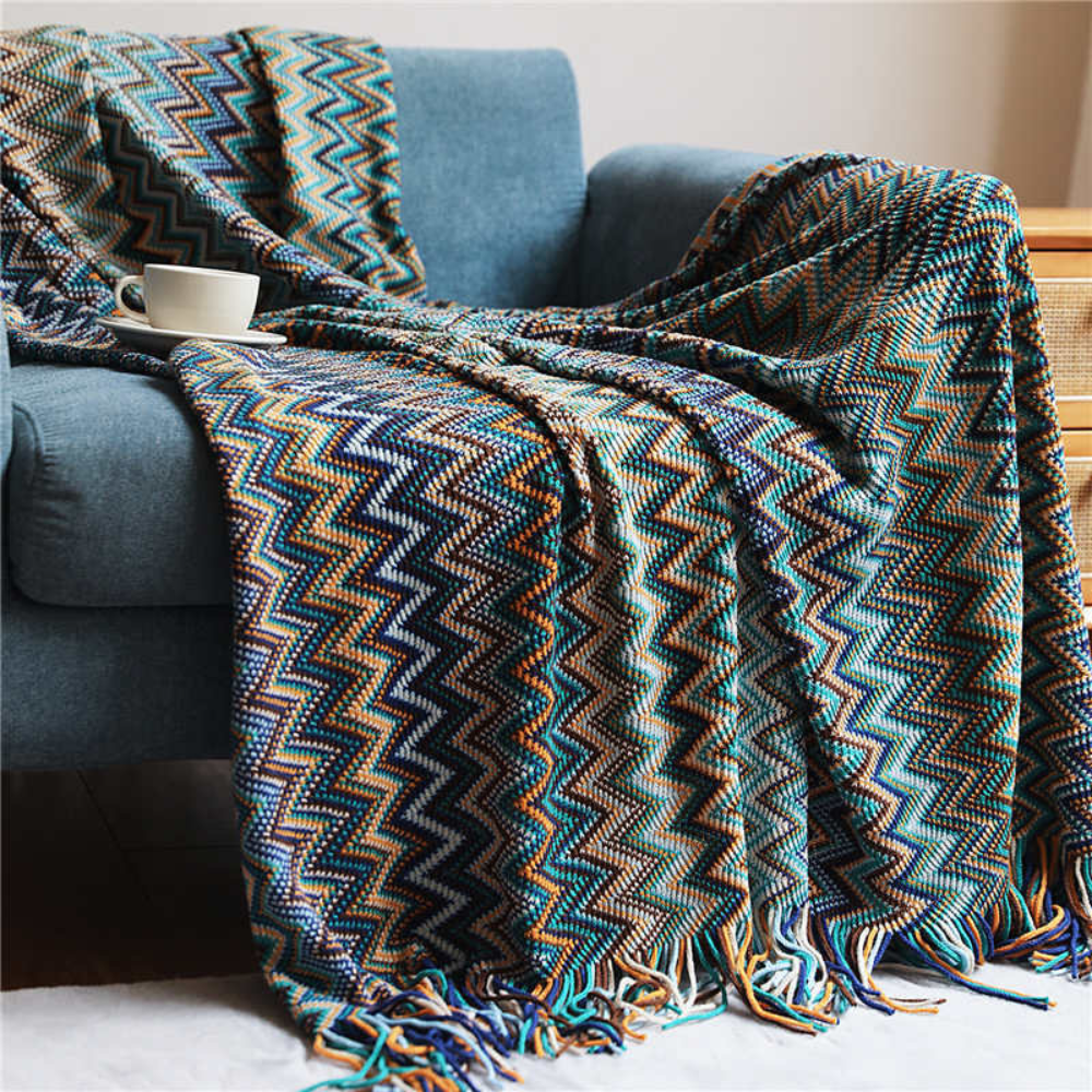 Chevron Knit Throw Blanket with Fringe Trim – Lightweight Acrylic for Year-Round Comfort | Thomler