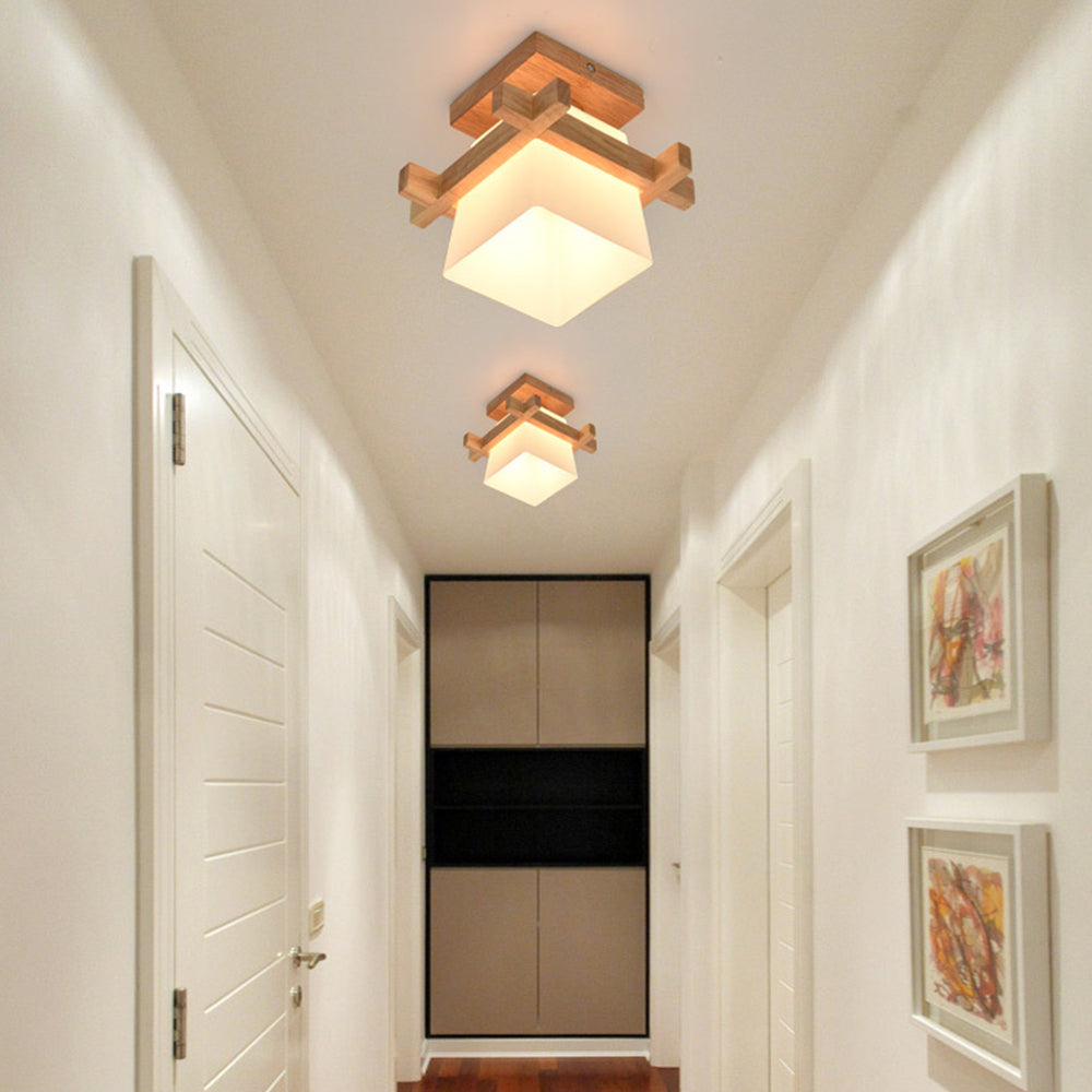Ceiling Light Wood E27 20.0 cm White Japandi Hallway Bedroom Living Room Square Flush Mount Lamp | Thomler