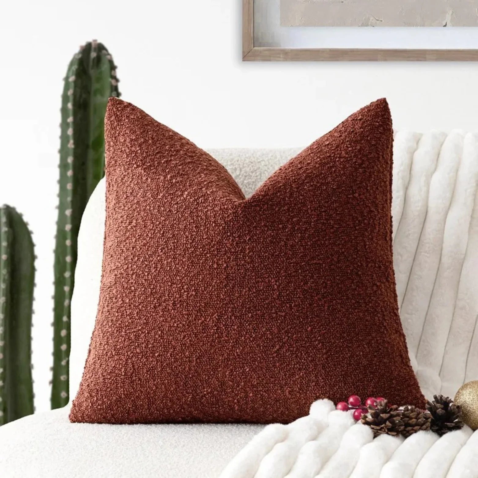 Cushion Cover Bouclé Fabric 45.0 cm x 45.0 cm Neutral Sofa Bed Decorative Throw Pillow Case Minimalist Living Room Accent | Thomler