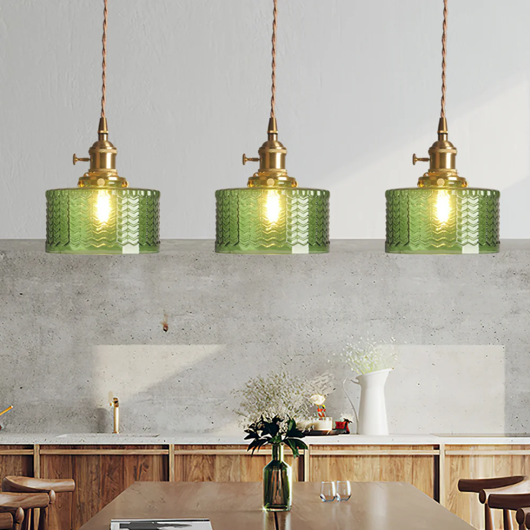 Pendant Light Ribbed Glass E27 Green Adjustable 150.0 cm Dining Room Kitchen Island Hanging Ceiling Lamp | Thomler
