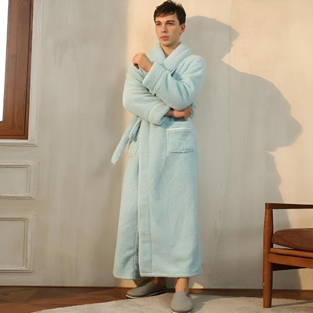 Plush Coral Fleece Bathrobe with Shawl Collar & Pockets – Unisex Lounge Robe for Year-Round Wear | Thomler