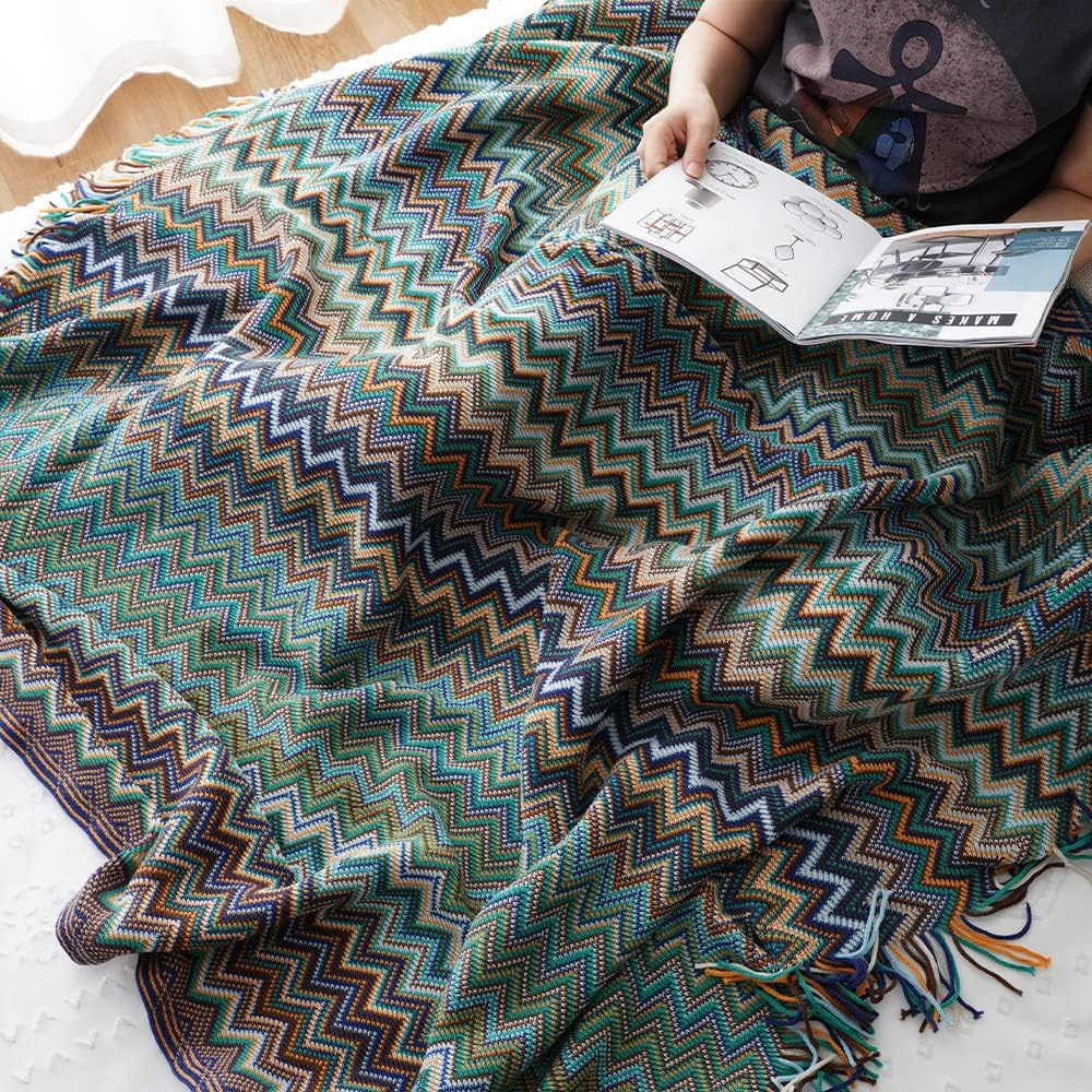 Chevron Knit Throw Blanket with Fringe Trim – Lightweight Acrylic for Year-Round Comfort | Thomler