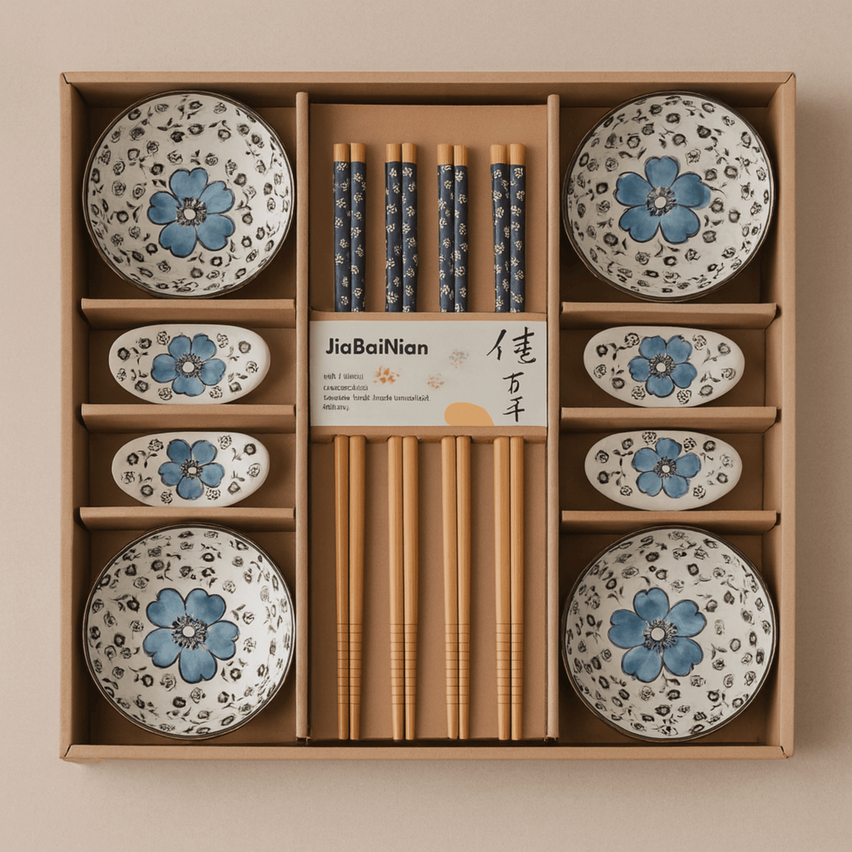 Hand-Painted Ceramic Asian Dining Set for Four – Floral Motif with Ramekins, Chopstick Rests & Chopsticks (12 Pieces) | Thomler