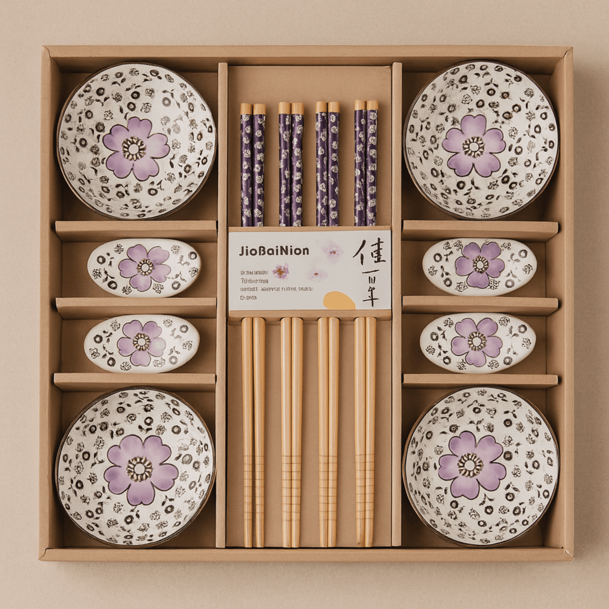 Hand-Painted Ceramic Asian Dining Set for Four – Floral Motif with Ramekins, Chopstick Rests & Chopsticks (12 Pieces) | Thomler