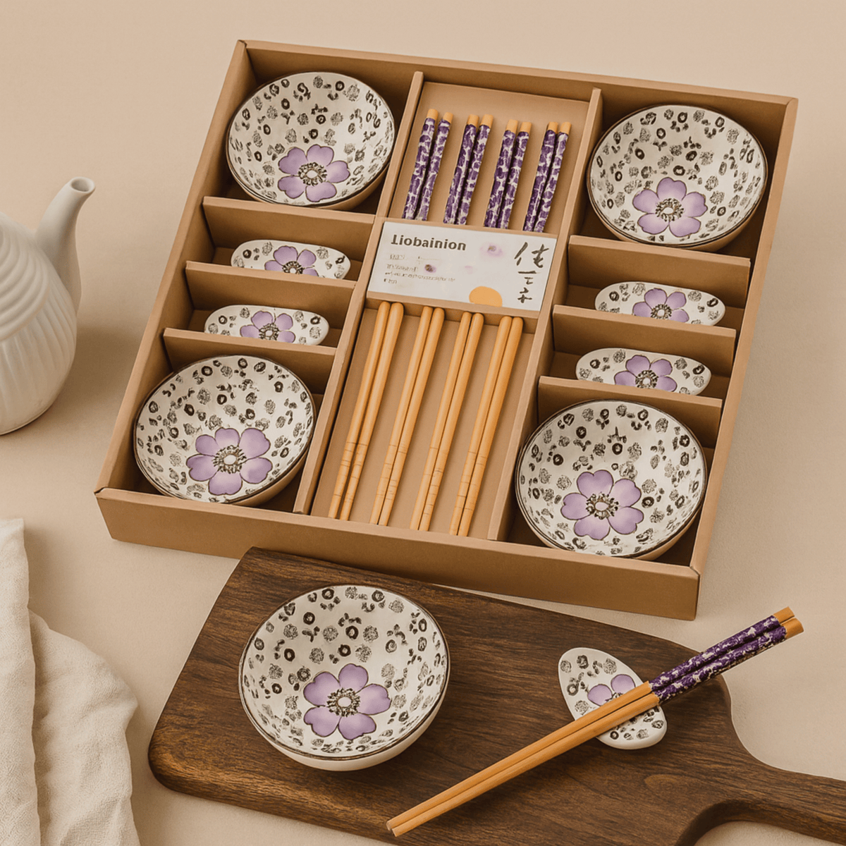 Hand-Painted Ceramic Asian Dining Set for Four – Floral Motif with Ramekins, Chopstick Rests & Chopsticks (12 Pieces) | Thomler