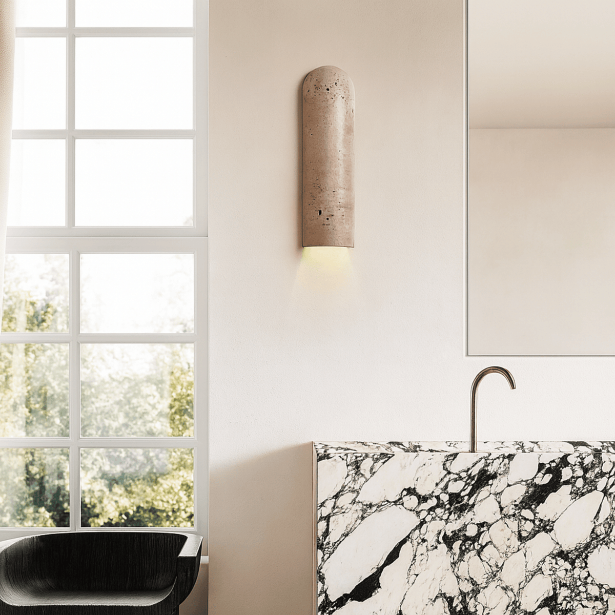 Carved Stone Wall Sconce with Uplight or Downlight – Natural Texture LED Fixture for Bedroom, Hallway & Living Room | Thomler