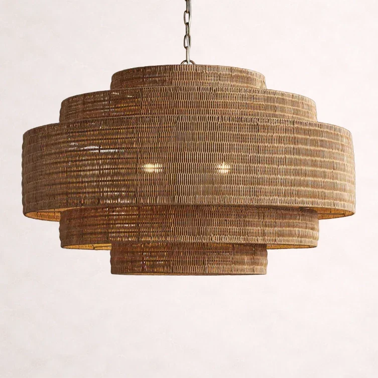 Woven Rattan Ceiling Chandelier with Layered Dome Shade – 28 or 40 Inch Natural Boho Pendant Light for Dining Room, Bedroom, Living Room | Thomler