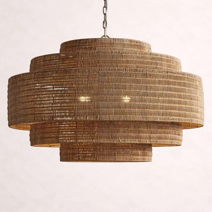 Woven Rattan Ceiling Chandelier with Layered Dome Shade – 28 or 40 Inch Natural Boho Pendant Light for Dining Room, Bedroom, Living Room | Thomler