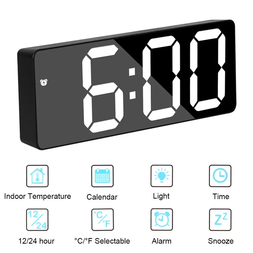 Mirrored LED Bedside Clock – Time, Temp & Alarm Display | Thomler