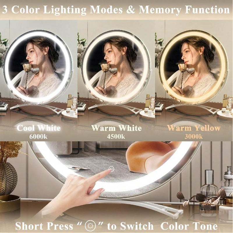 Makeup Mirror Metal Frame 40.0 cm LED Lighted Vanity Tabletop Rotating Dimmable Rechargeable Beauty Grooming Mirror | Thomler