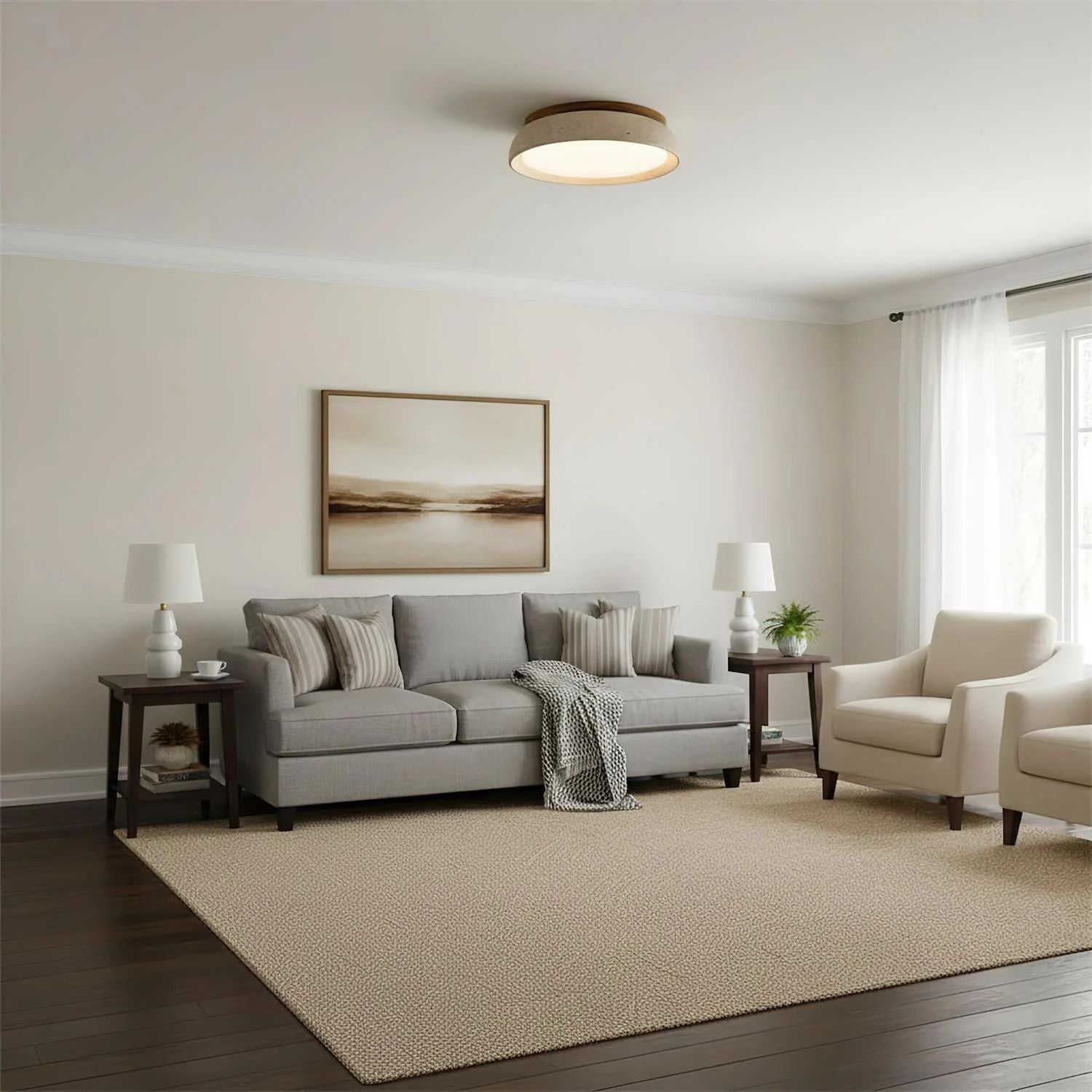 Ceiling Light Travertine Wood LED 3000K Beige Living Room Hallway Bedroom Flush Mount Scandinavian Japandi Lighting | Thomler