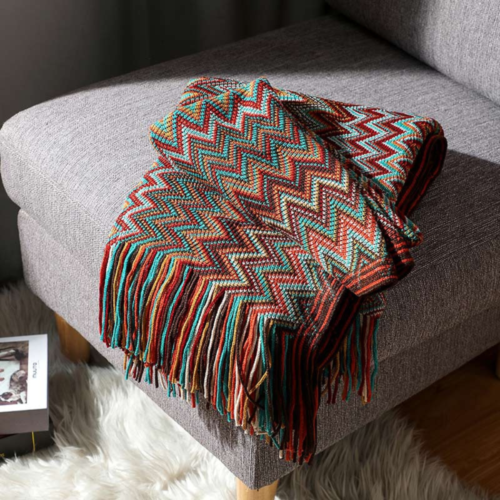 Chevron Knit Throw Blanket with Fringe Trim – Lightweight Acrylic for Year-Round Comfort | Thomler