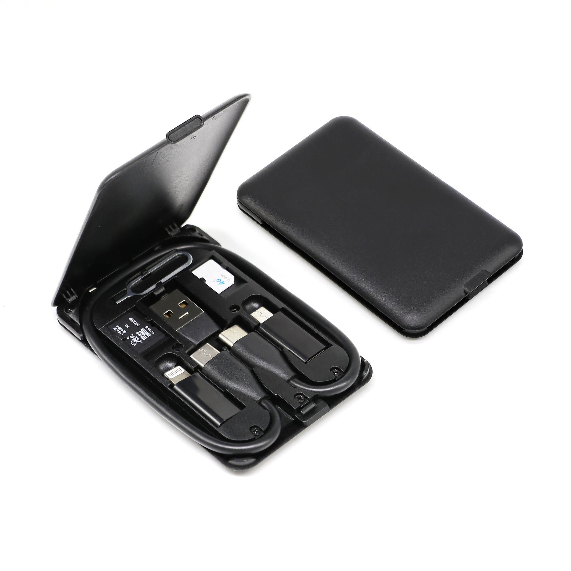 Multi-Device Charging Cable Kit with Type-C, Lightning, Micro-USB & USB-A Adapters – Slim Wallet Case, Built-In Phone Stand for Travel, Work | Thomler